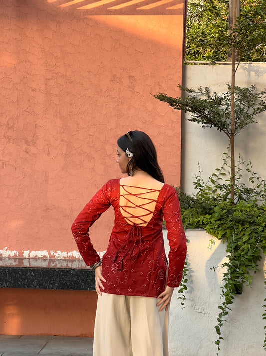 Rust Bandhini Long Sleeve Backless Kurti