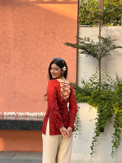 Rust Bandhini Long Sleeve Backless Kurti
