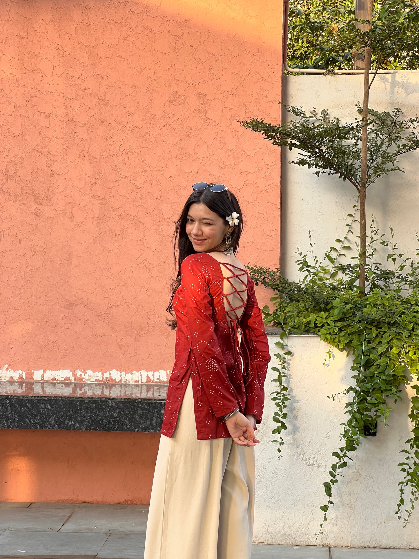 Rust Bandhini Long Sleeve Backless Kurti