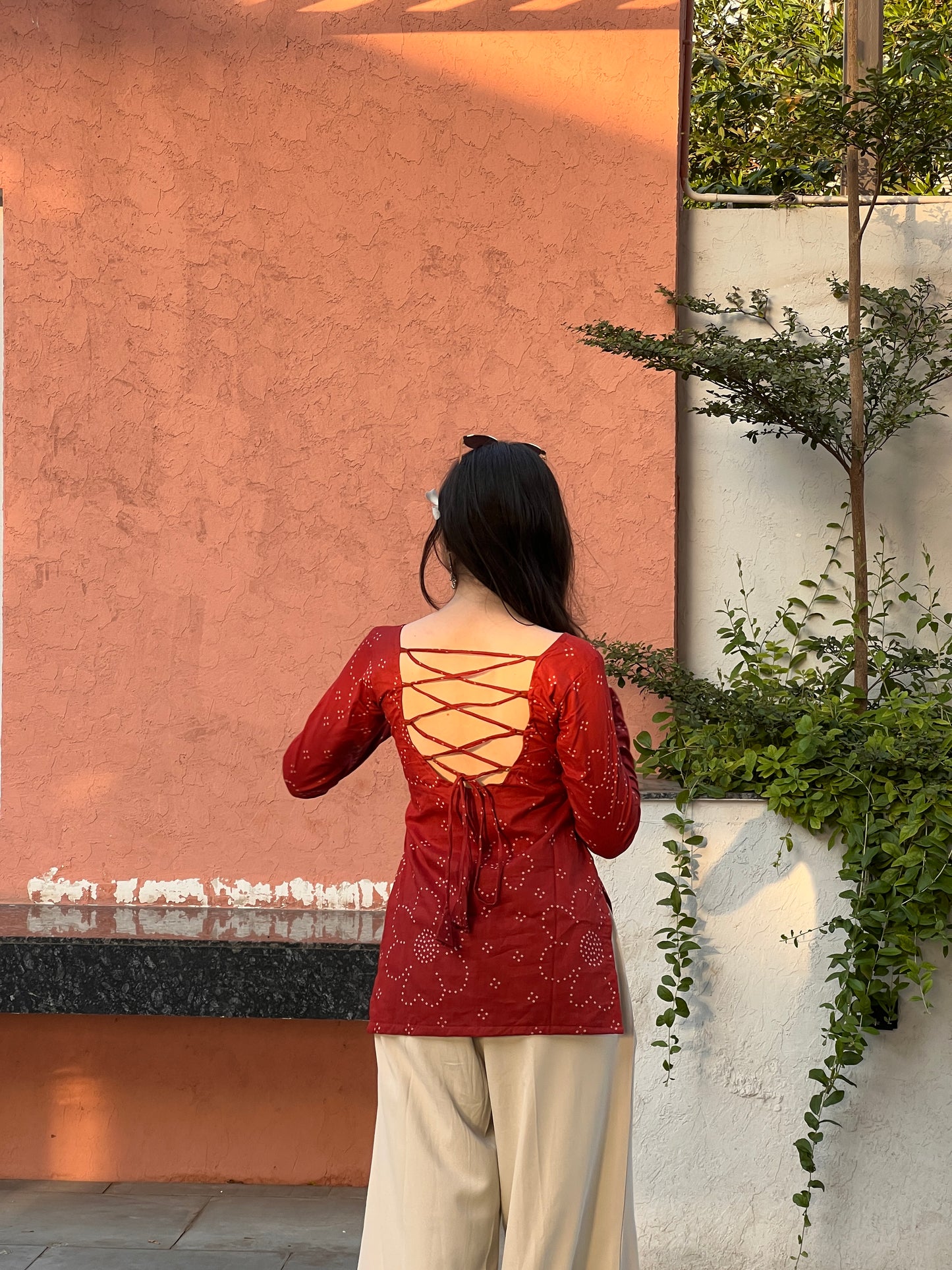 Rust Bandhini Long Sleeve Backless Kurti