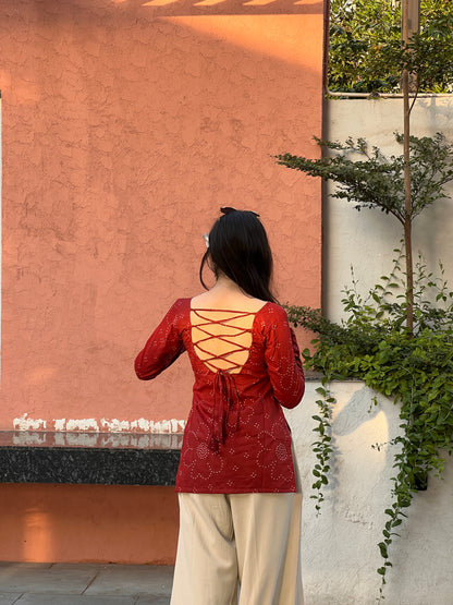 Rust Bandhini Long Sleeve Backless Kurti