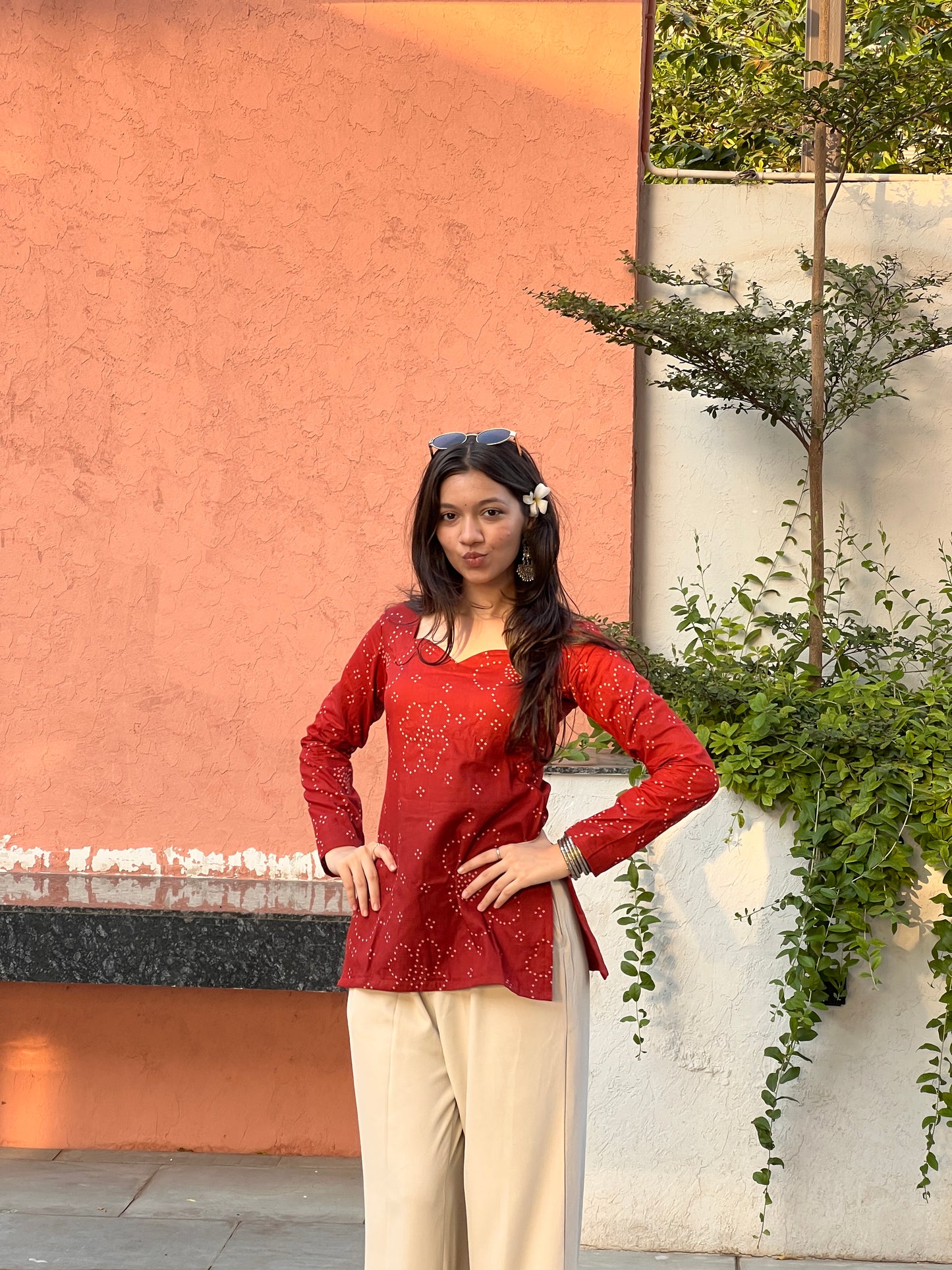 Rust Bandhini Long Sleeve Backless Kurti