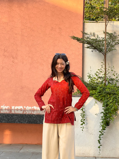 Rust Bandhini Long Sleeve Backless Kurti