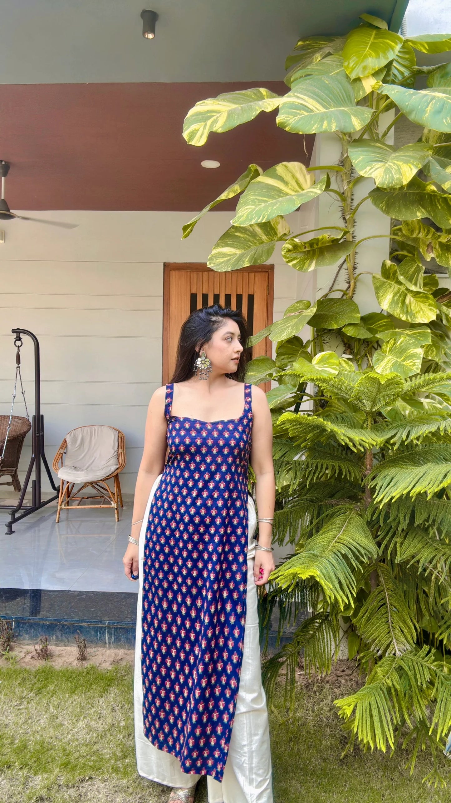 Indigo Bloom High Slit Long Kurti
