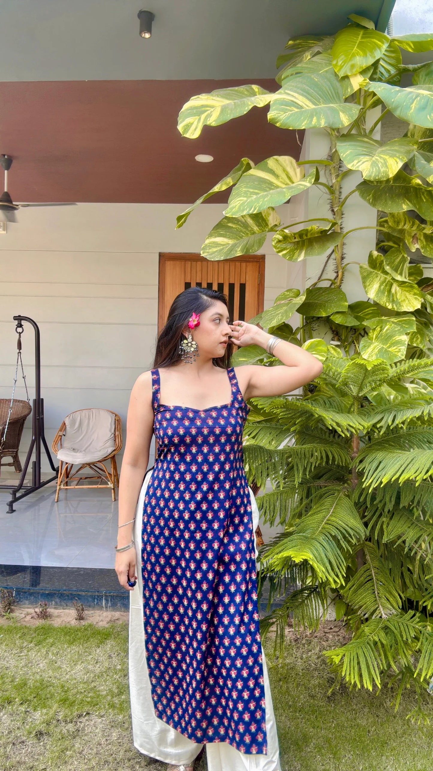 Indigo Bloom High Slit Long Kurti