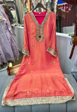 Coral Peach Embroidered Long Dress With Potli