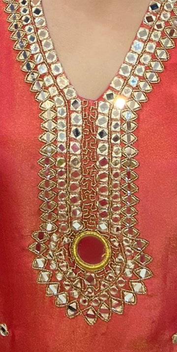 Coral Peach Embroidered Long Dress With Potli