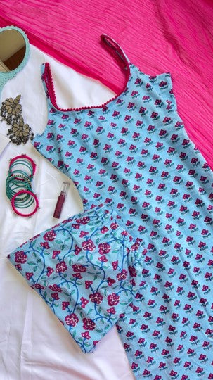 Aqua Blue Printed 3-Piece Cotton Suit Set