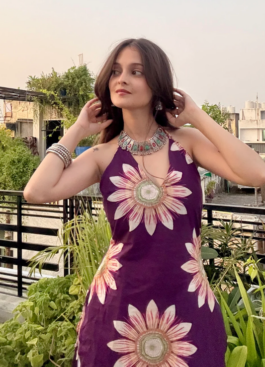 Plum Purple Floral Backless Halter Kurti Top
