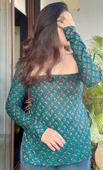 Teal Green Long Sleeve Printed Blouse Top