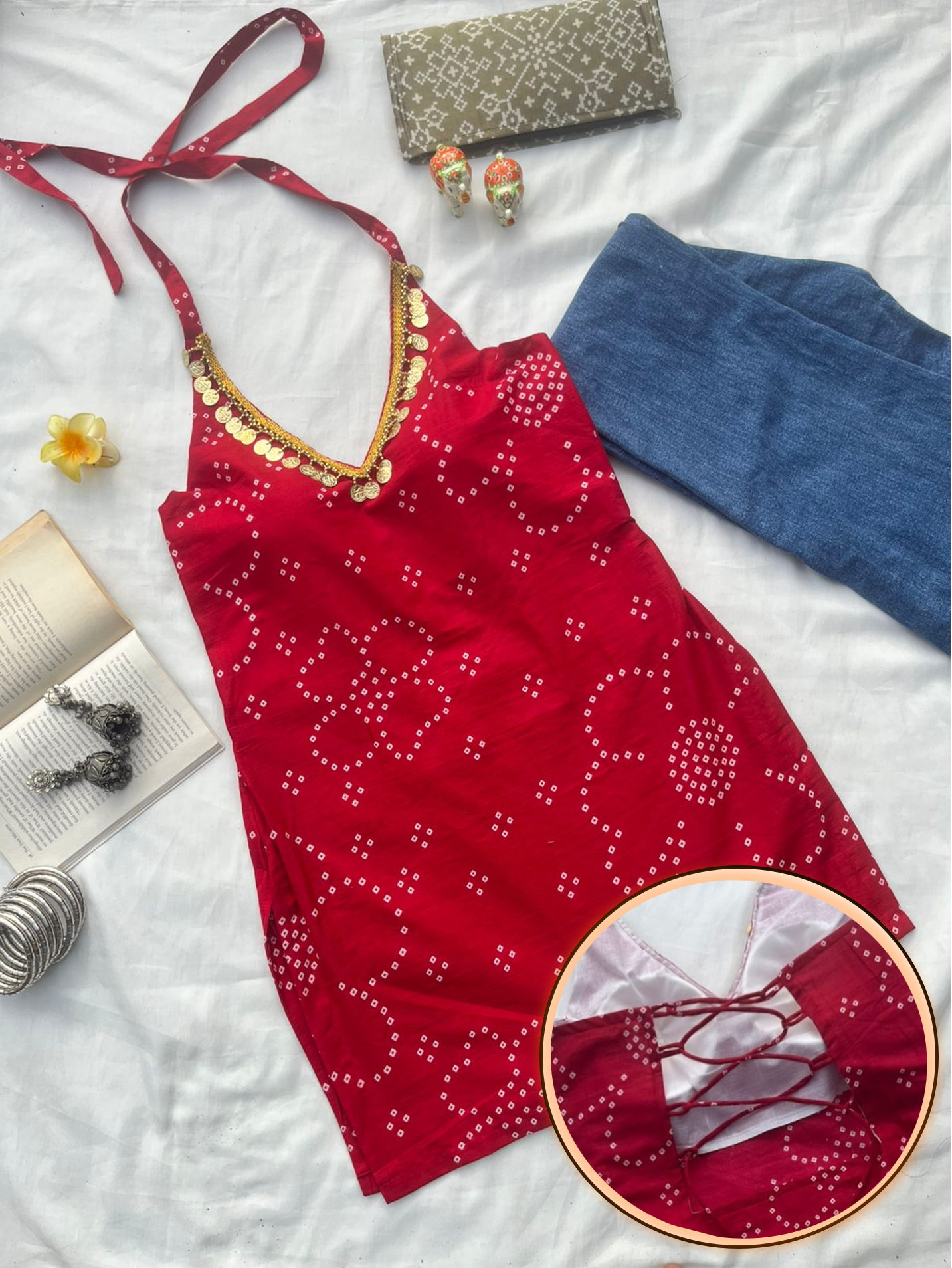 Cherry Red Backless Halter Kurti