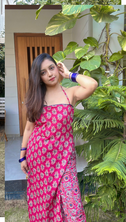 Hot Pink Printed Halter Co-Ord Set (2-Piece)