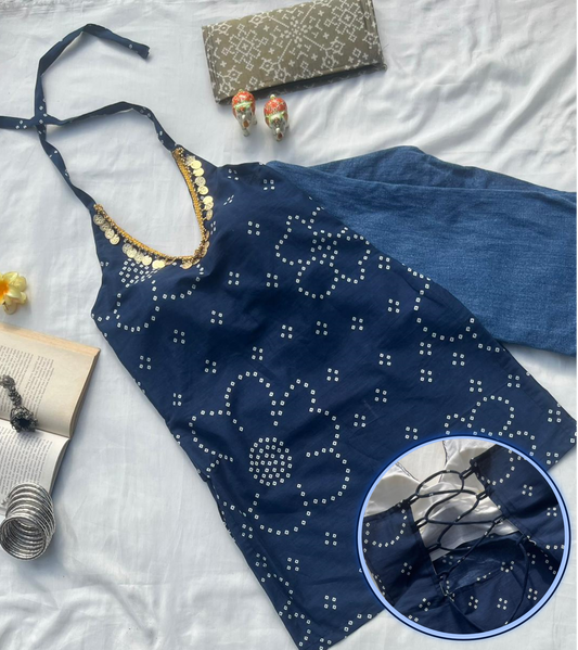 Navy Blue Backless Halter Kurti