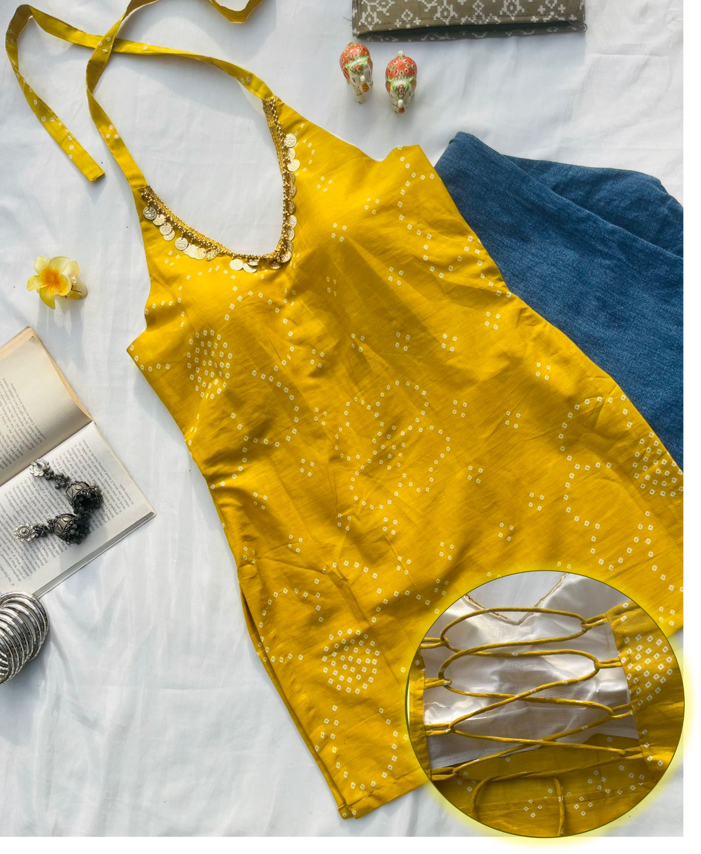 Mustard Yellow Backless Halter Kurti