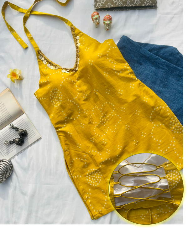 Mustard Yellow Backless Halter Kurti