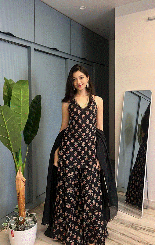 Black Gulab Halter Backless Sharara Set