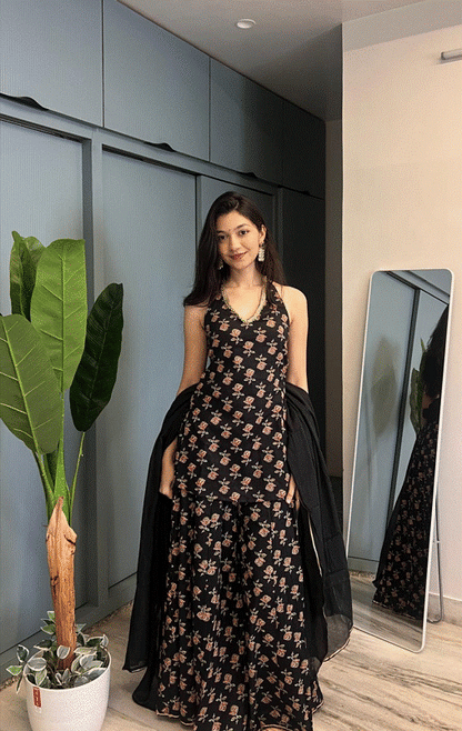 Black Gulab Halter Backless Sharara Set