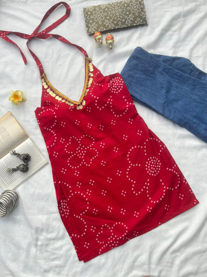 Cherry Red Backless Halter Kurti