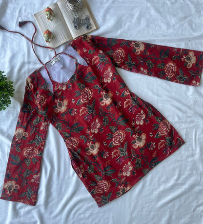 Red Floral Halter Square-Neck Kurti Top