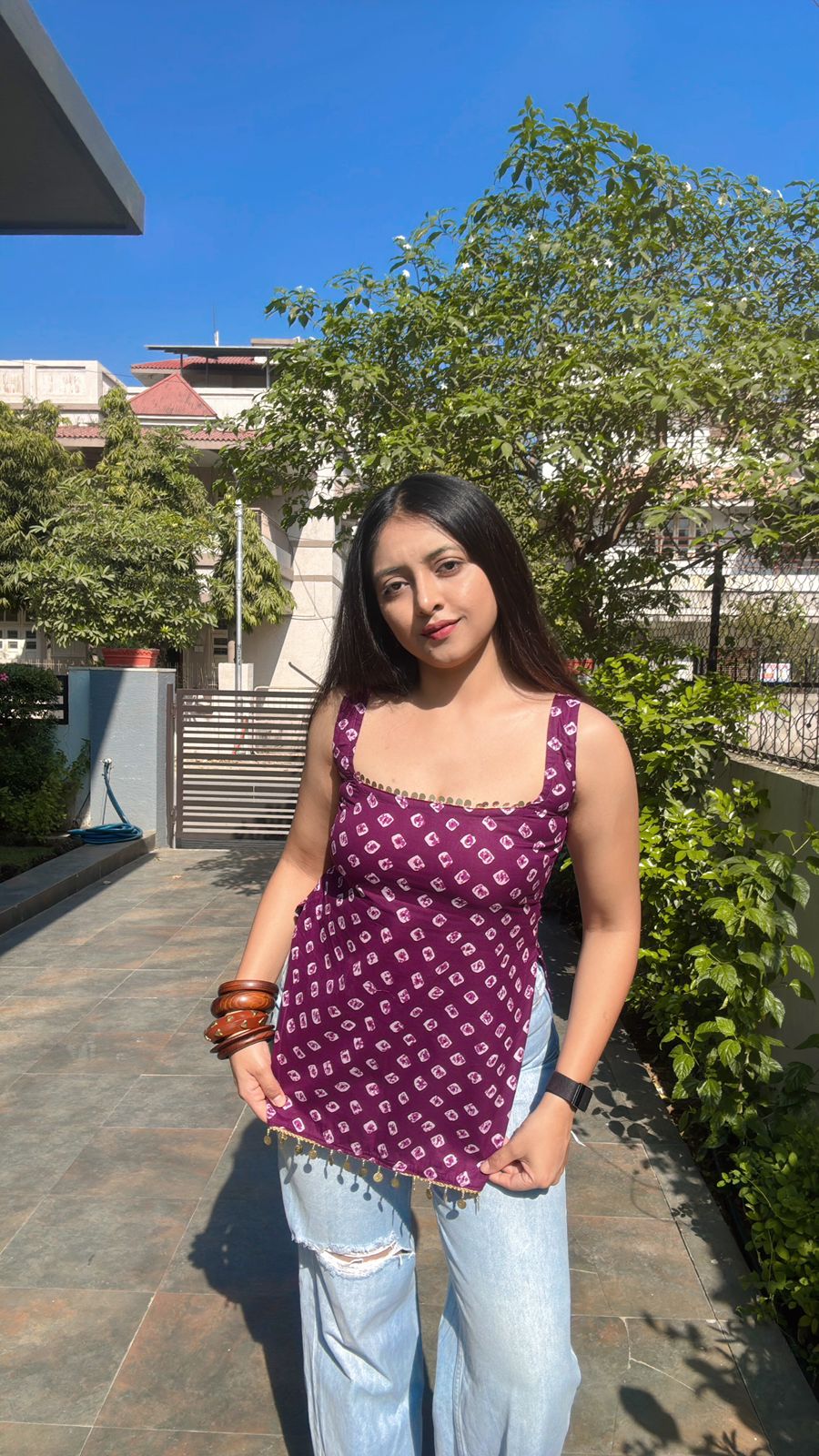 Purple Bandhani Print Short Kurti Top