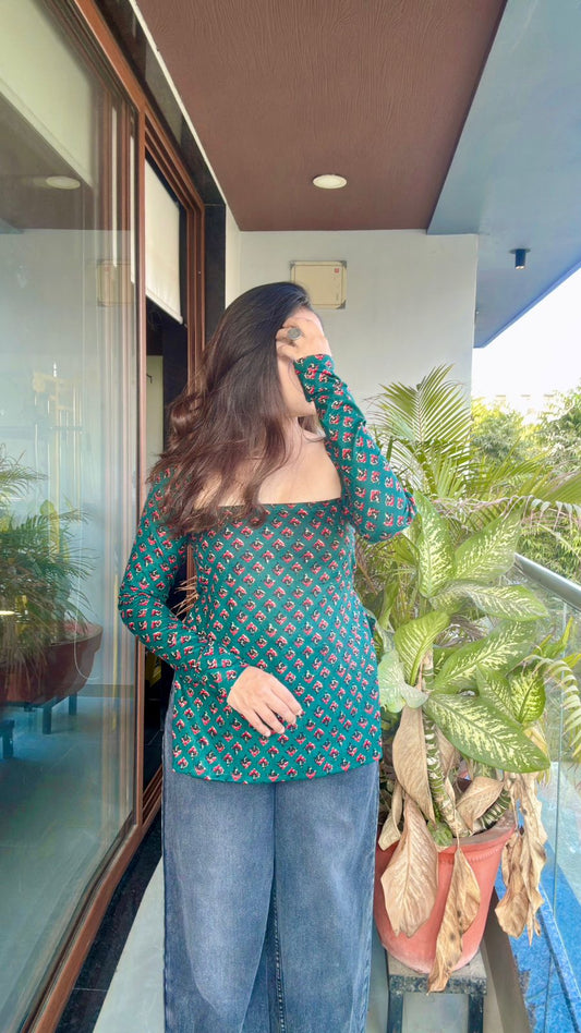 Teal Green Long Sleeve Printed Blouse Top