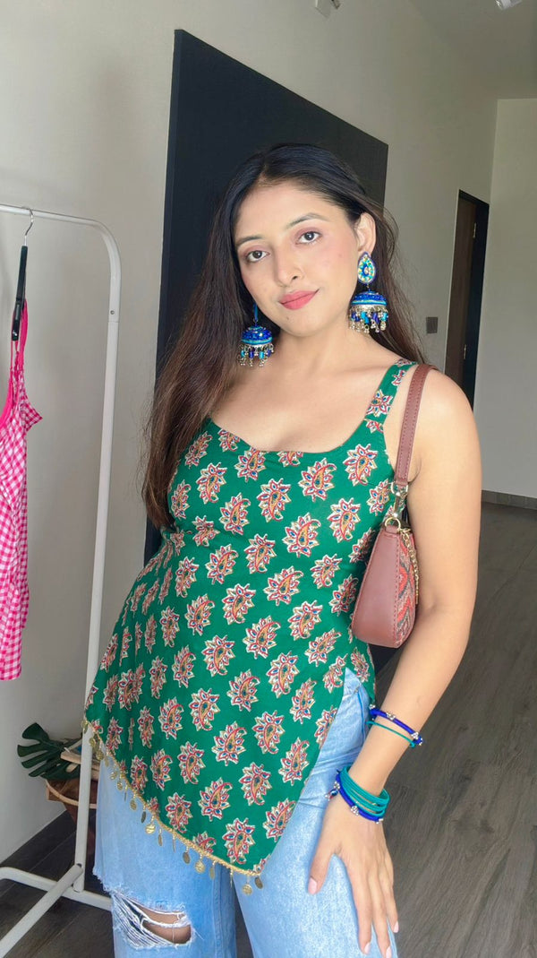 Green Floral  Kurti Top