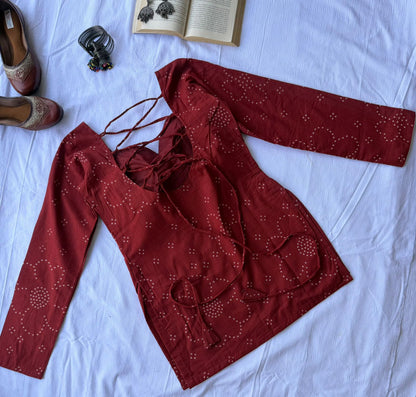 Rust Bandhini Long Sleeve Backless Kurti
