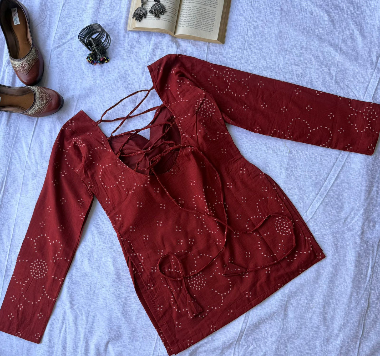 Rust Bandhini Long Sleeve Backless Kurti