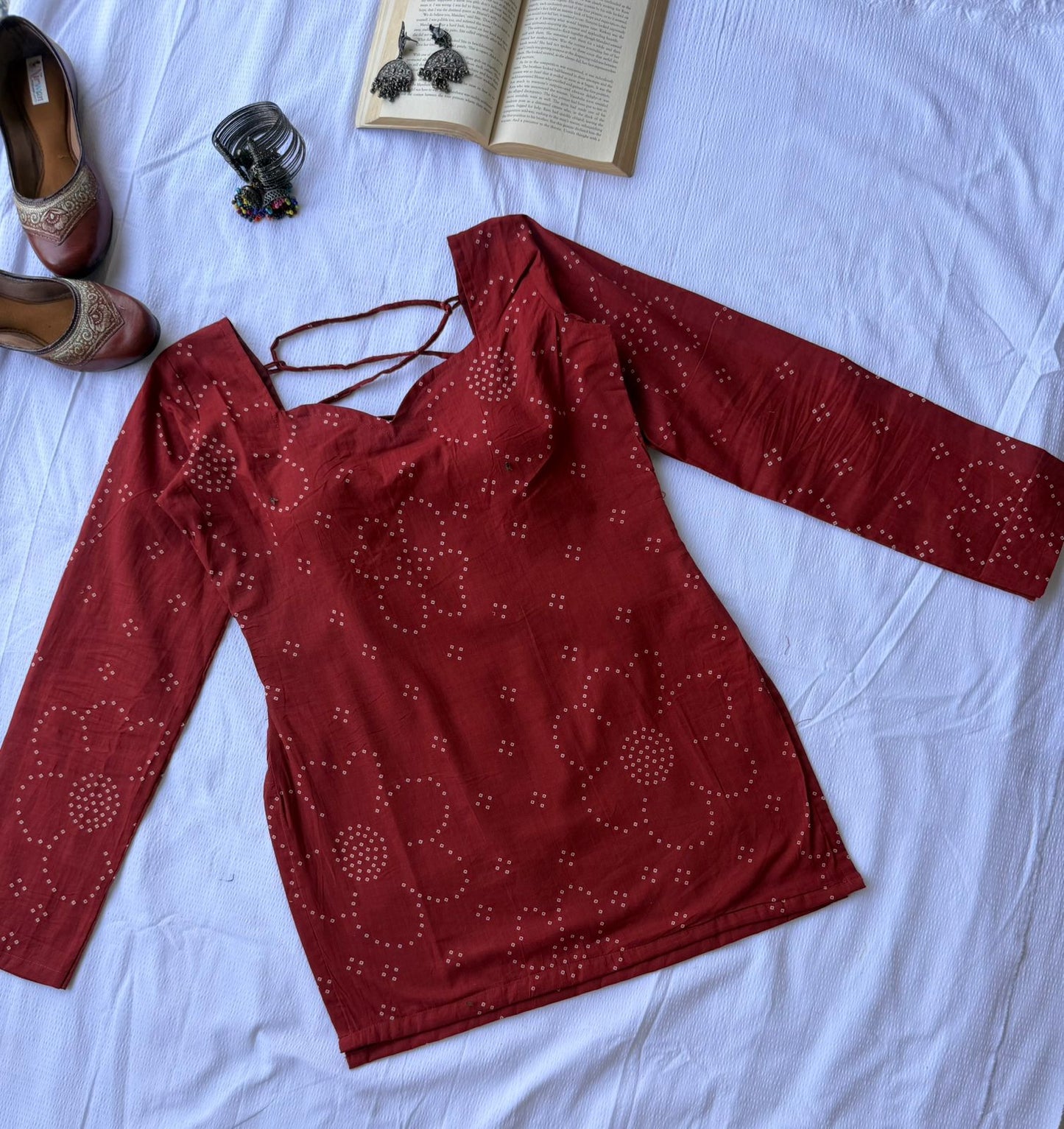 Rust Bandhini Long Sleeve Backless Kurti