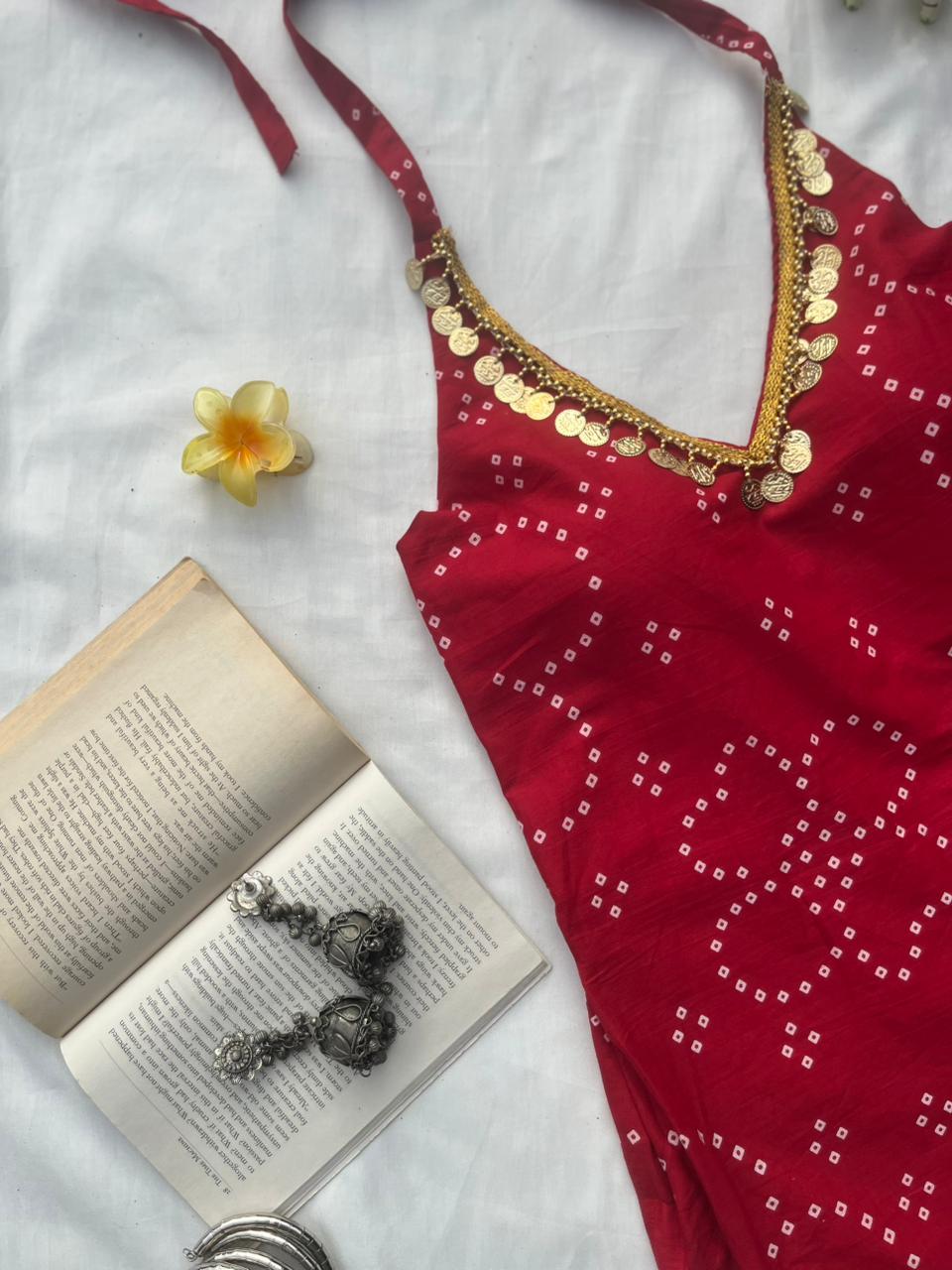 Cherry Red Backless Halter Kurti