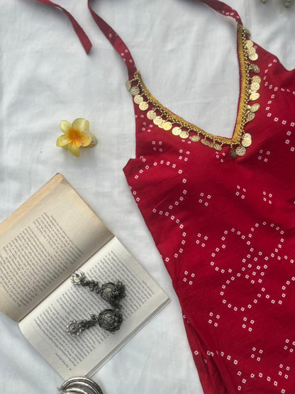 Cherry Red Backless Halter Kurti