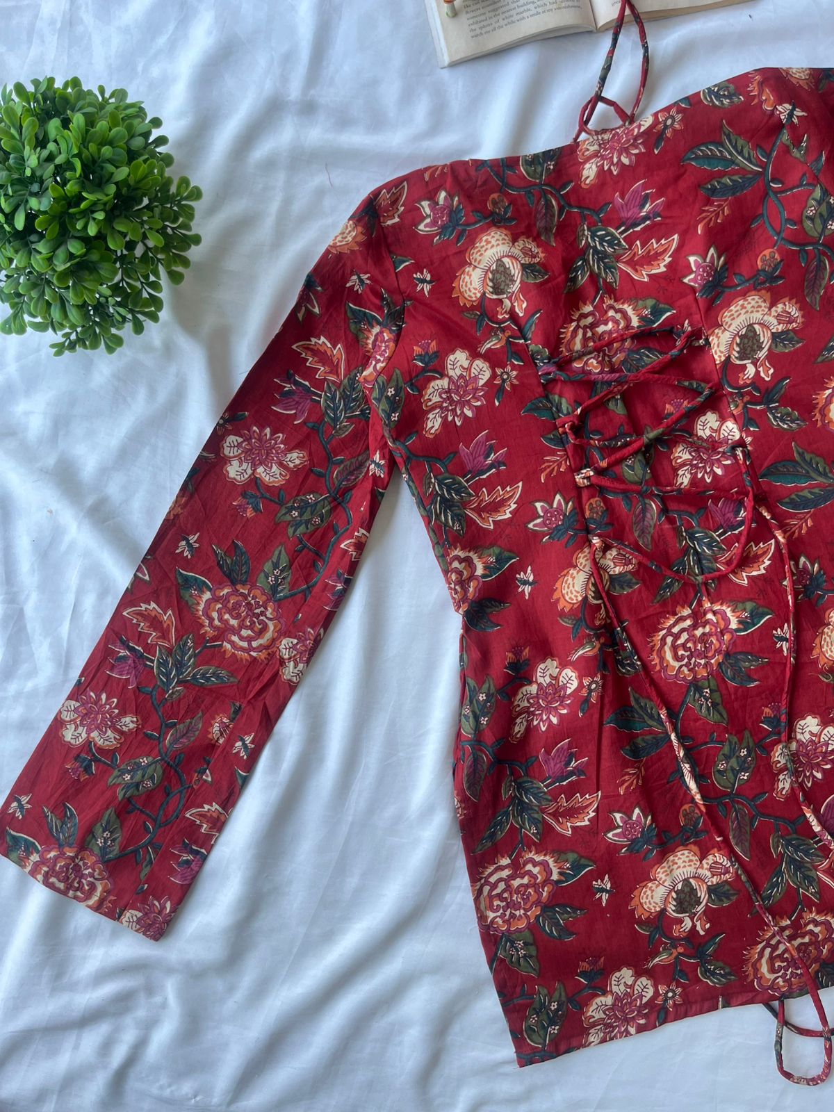 Red Floral Halter Square-Neck Kurti Top