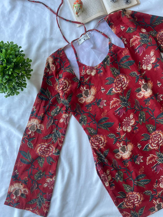 Red Floral Halter Square-Neck Kurti Top