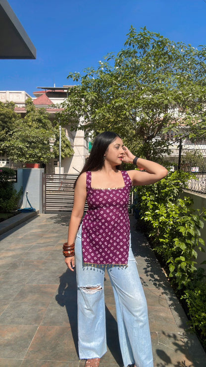 Purple Bandhani Print Short Kurti Top
