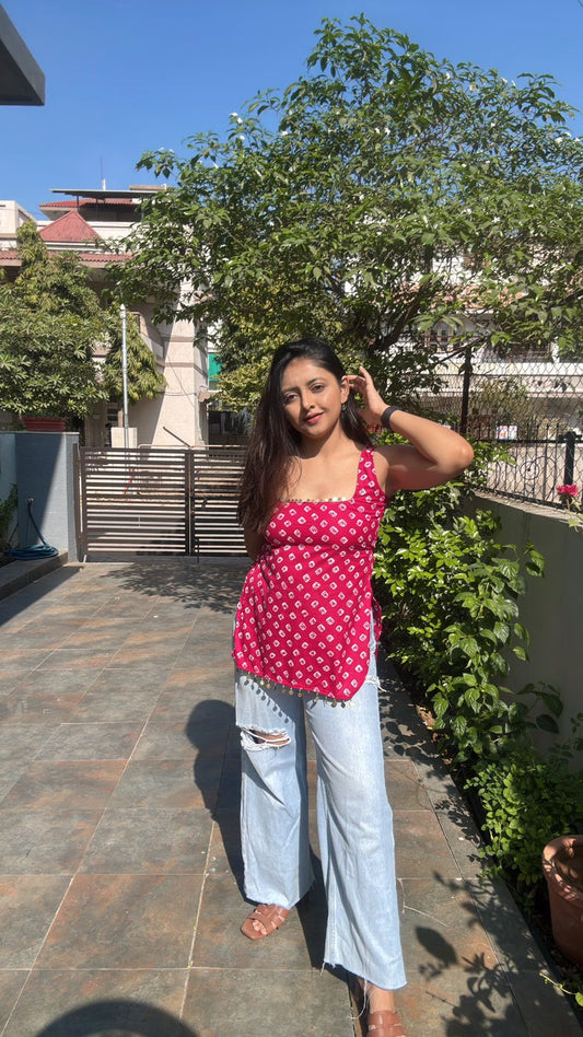 Pink Bandhani Print Short Kurti Top