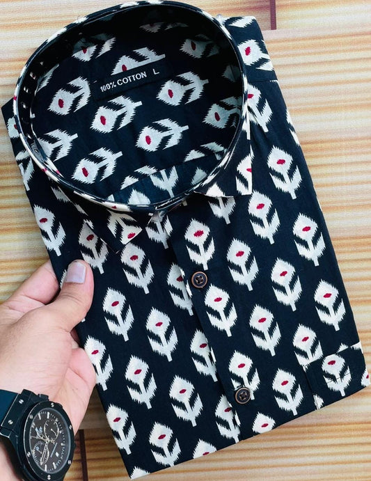 Black Ethnic Motif Short Sleeve Shirt