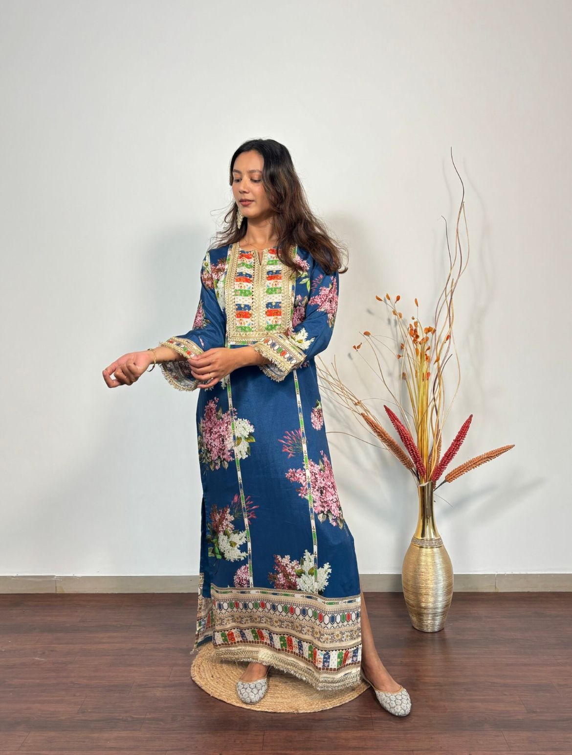 Royal Blue Floral Embellished Long Dress