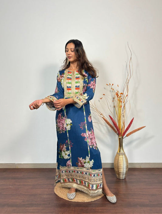 Royal Blue Floral Embellished Long Dress