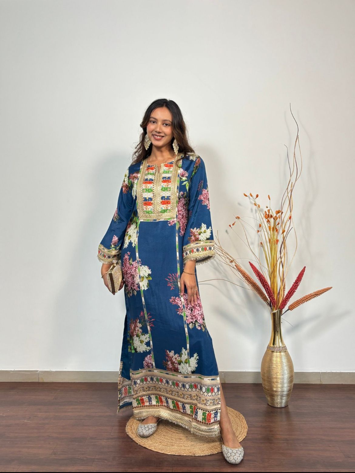 Royal Blue Floral Embellished Long Dress