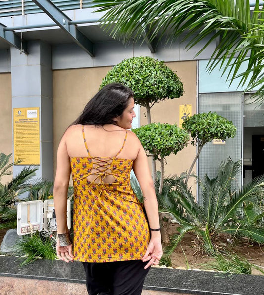 Mustard Yellow Spaghetti Strap Backless Kurti