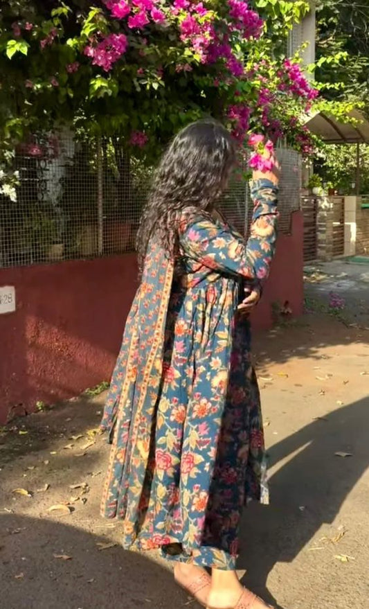 Floral Printed Anarkali Suit Set