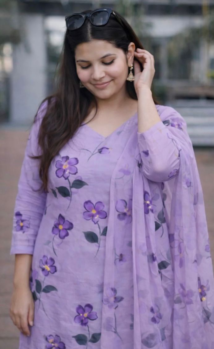 Lavender Floral Suit Set with Dupatta