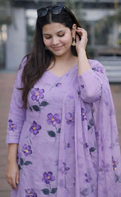Lavender Floral Suit Set with Dupatta