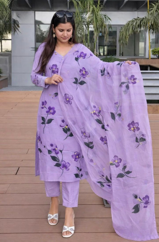 Lavender Floral Suit Set with Dupatta