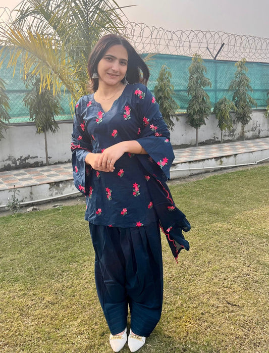 Navy Blue Printed Kurti Set with Dupatta