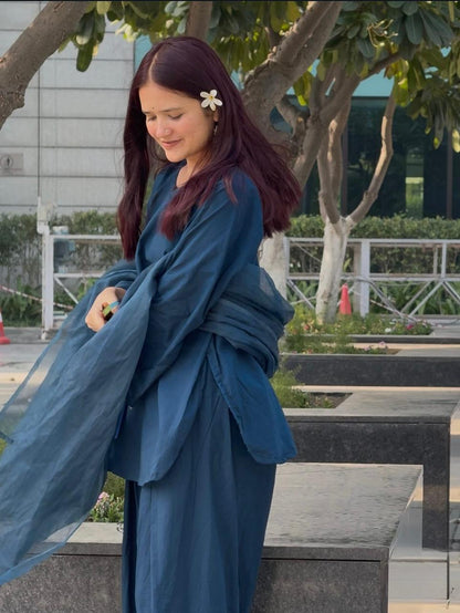 Blue Farshi Suit with Organza Dupatta