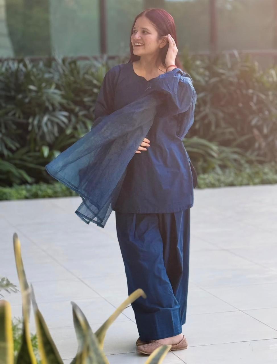 Blue Farshi Suit with Organza Dupatta