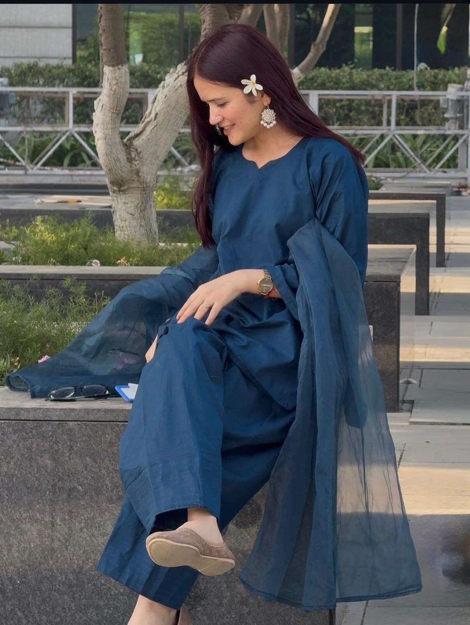 Blue Farshi Suit with Organza Dupatta