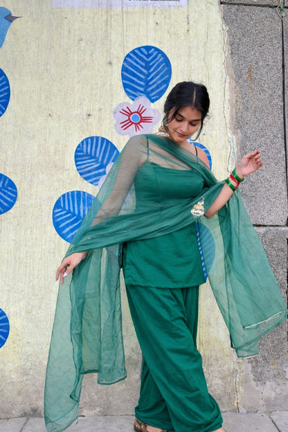 Emerald Green Backless Farshi Suit Set with Organza Dupatta