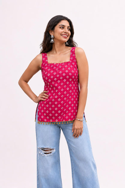 Pink Bandhani Print Short Kurti Top